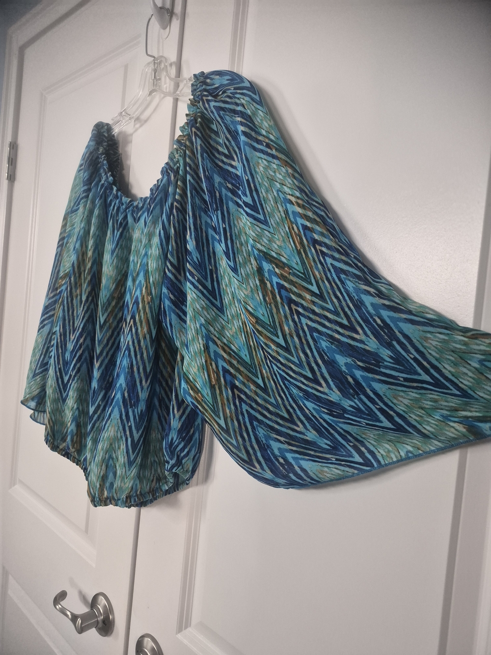 Women Summer Blouses,Blue Green Chevron Off-Shoulder Blouse